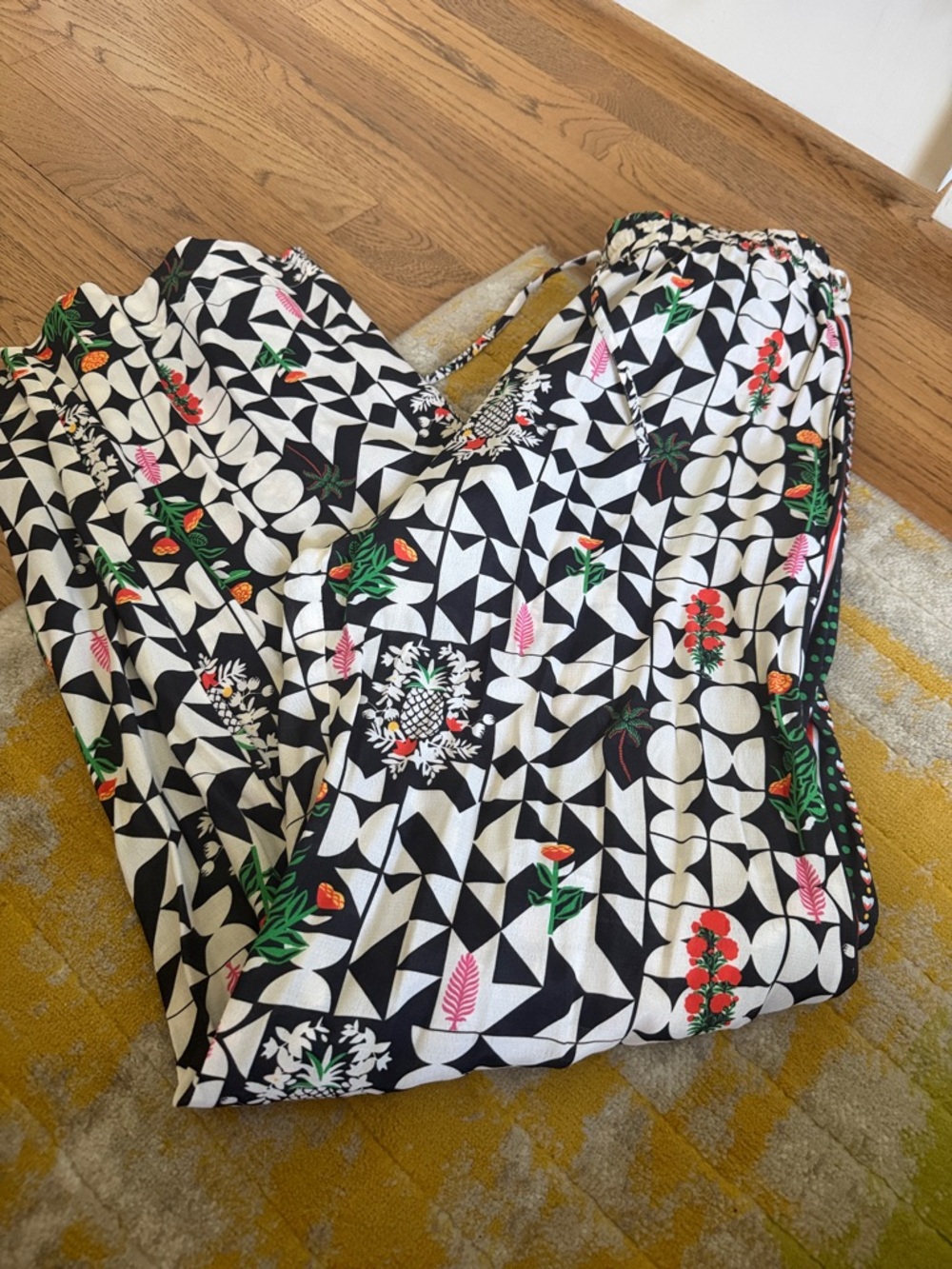 Black & White Geometric Wide Leg Pants with Floral Accents